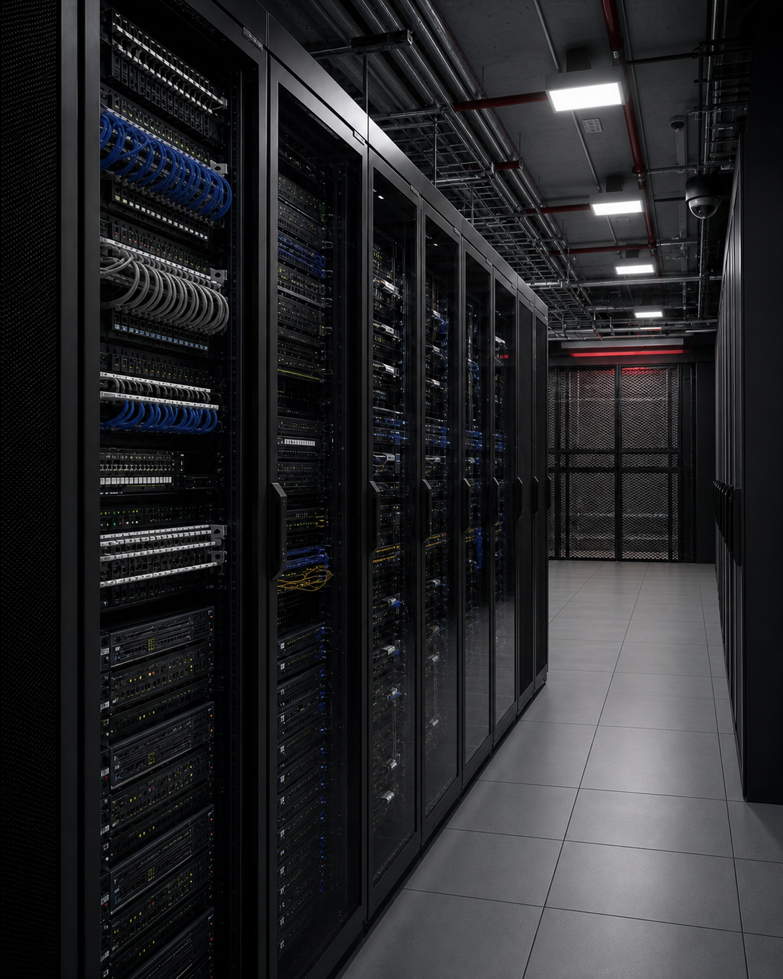 Sala técnica moderna com racks, servidores e infraestrutura de rede