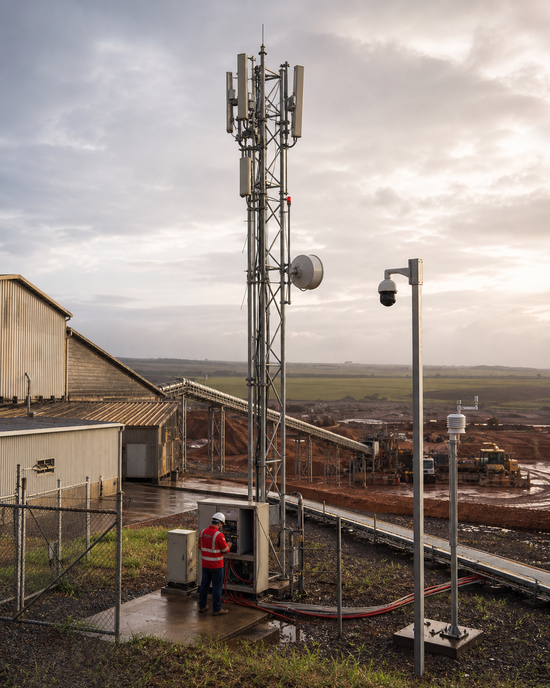 Técnico instalando antena de rede 4G/LTE privada em operação de mineração