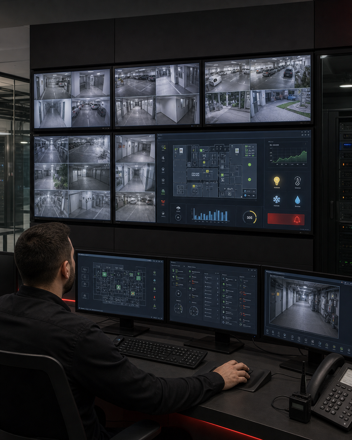Operador em sala de monitoramento com painel de câmeras e sistema supervisório de automação predial